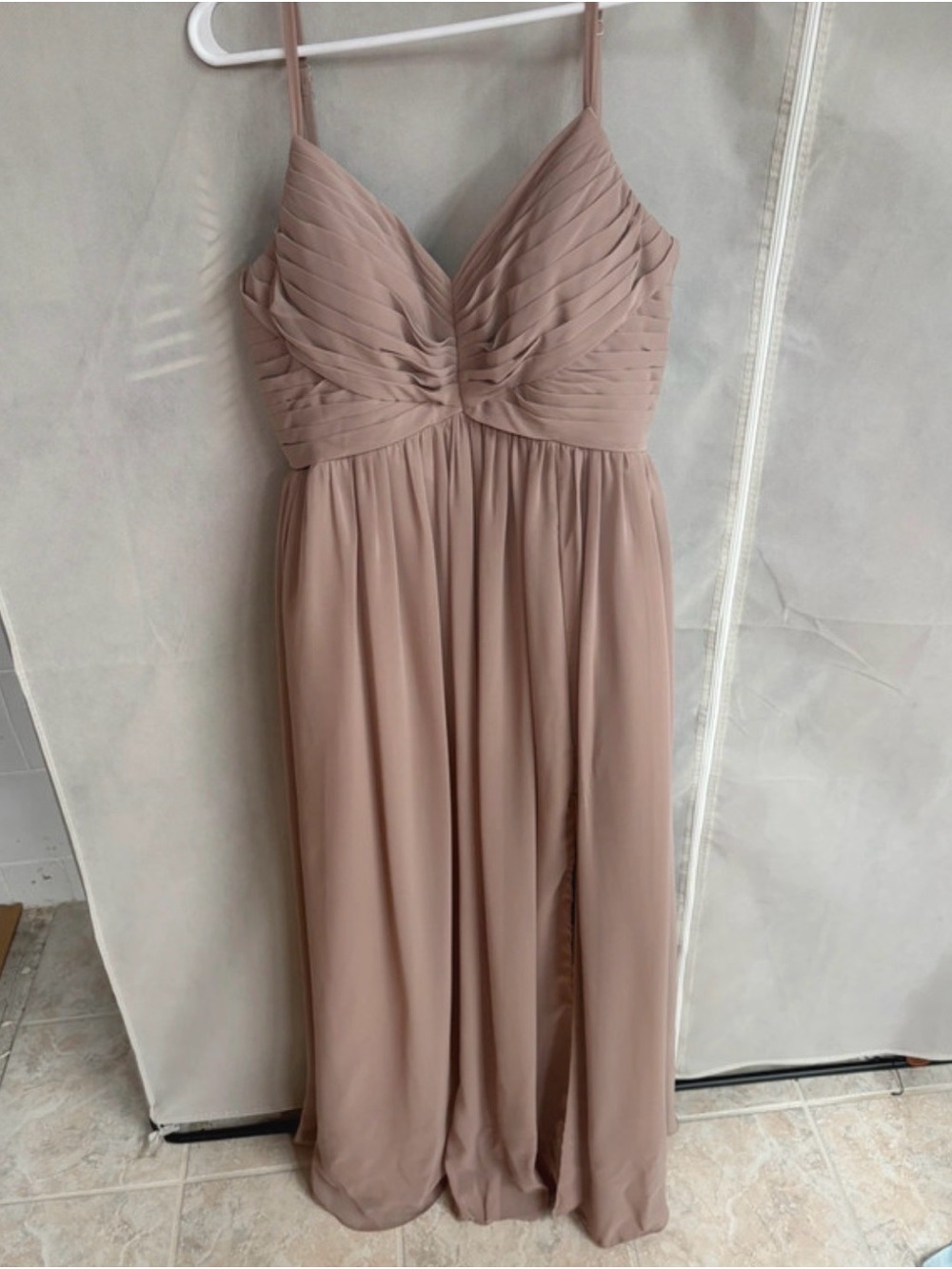 Azazie Blush Mauve Strapless Pleated Maxi Dress